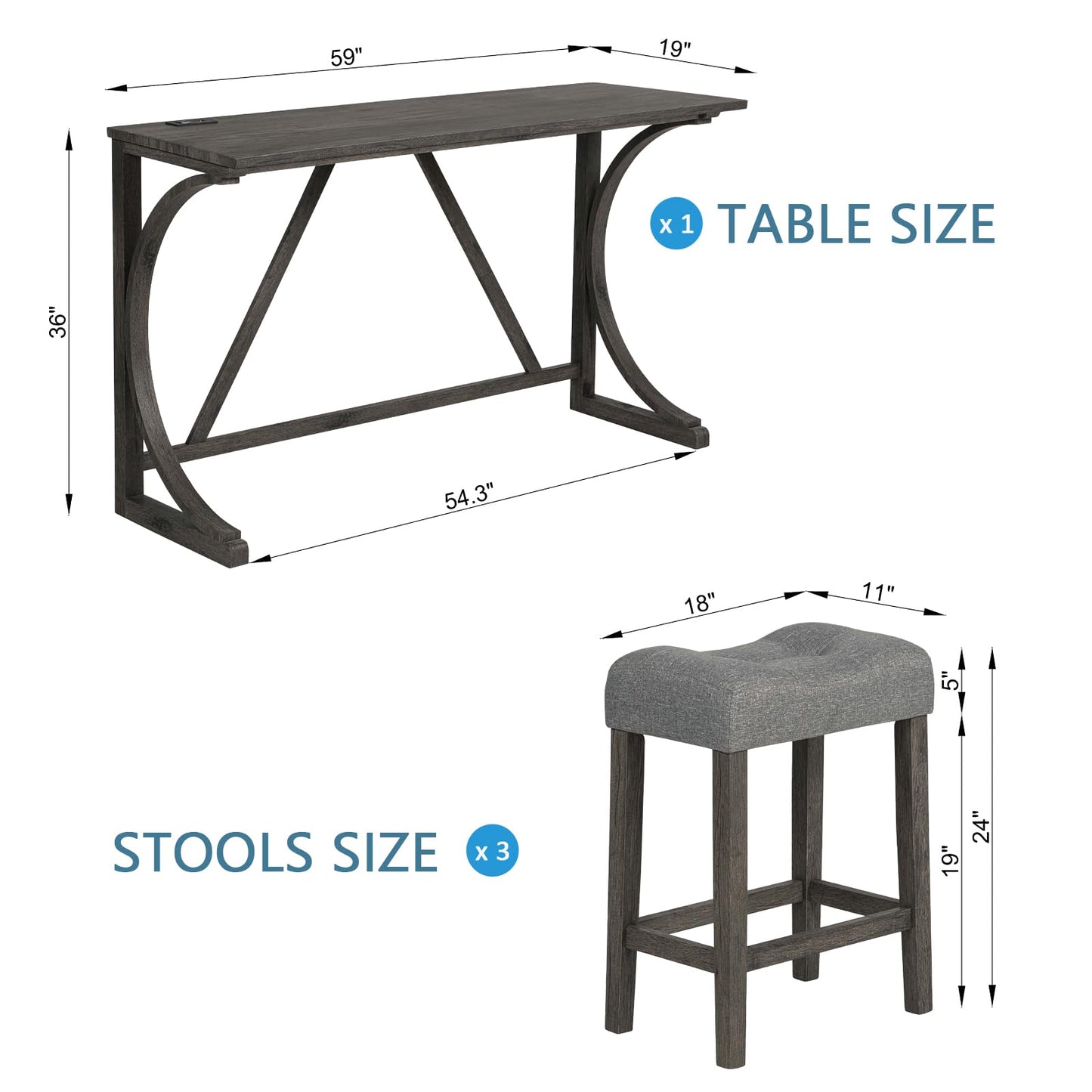Ball & Cast 4 Piece Counter Height Bar Tables Stool Set, Farmhouse Wooden Kitchen Island-Table w/USB Ports & Power Outlet & 3pcs Padded Stools,59" Dining-Table with Chairs,Charging Station, Dark Gray