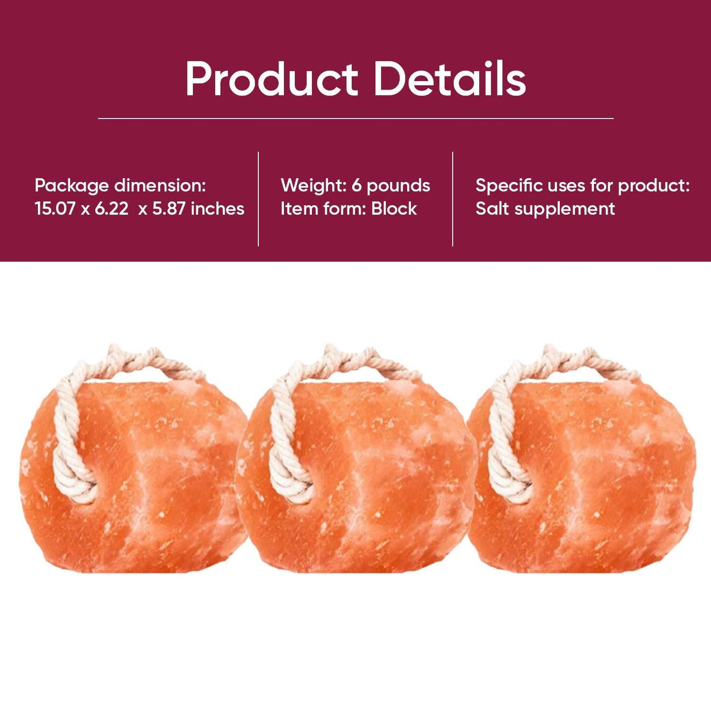 Glowyn Pink Himalayan Pink Salt Lick Pack of 3 (6lbs Each Block)- Mineral Salt Block on Rope 100% Organic Pink Salt Block for Horses Deer and Live Stock. Deer Attractant for Deer Hunting