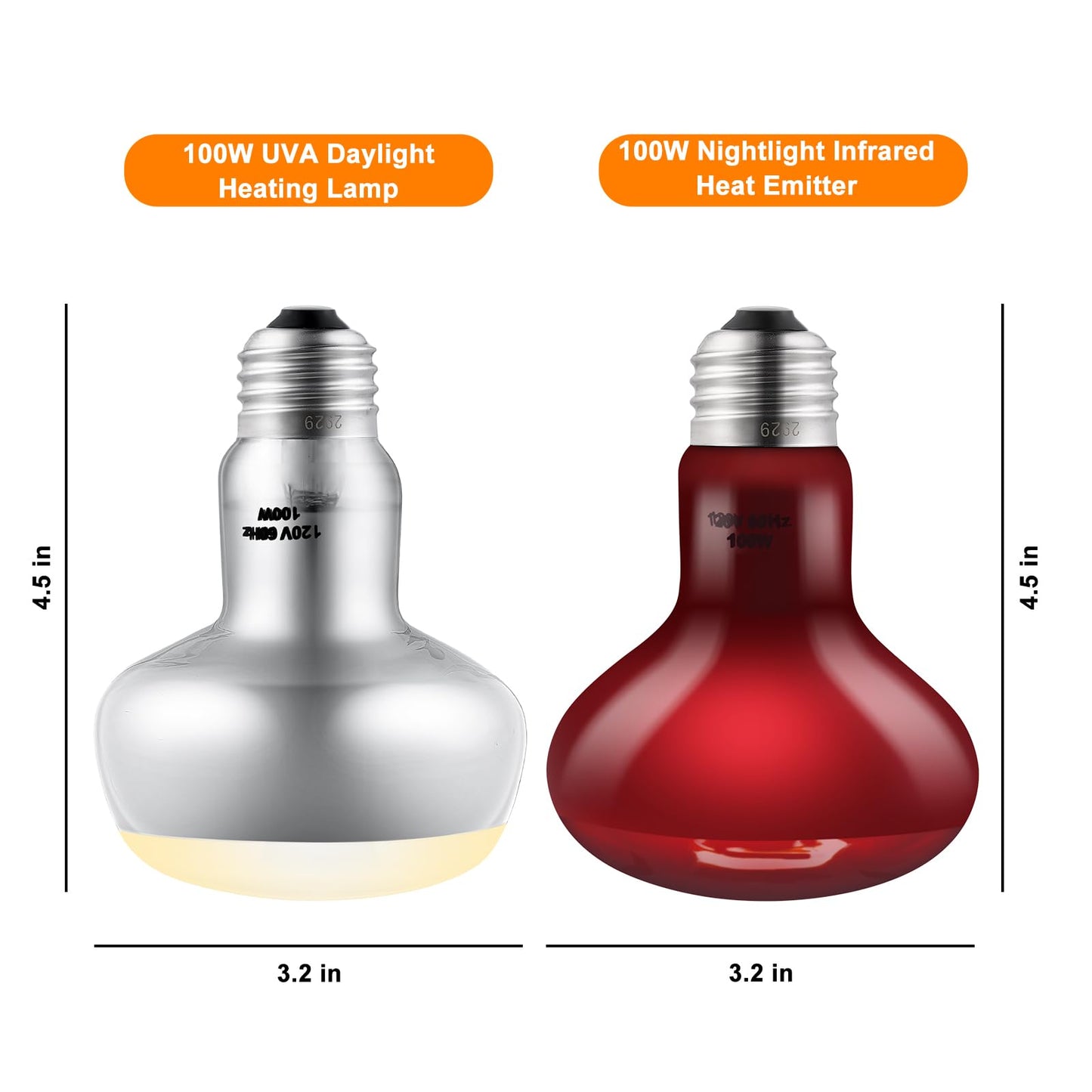 DXOPHIEX 2 Pack 100W Reptile Heat Lamp Bulbs Reptile Heat Bulbs, UVA Basking Bulb and Infrared Light Bulb Combo, Basking Light for Bearded Dragon, Turtles, Snake and Lizard