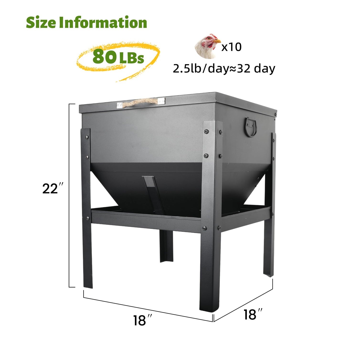 KOL 80LBs Chicken Feeder No-Waste, Galvanized Steel Large Capacity Chicken Feeder, Portable Poultry Feeder with Waterproof Lid for Hens and Roosters, Coops & Outdoors