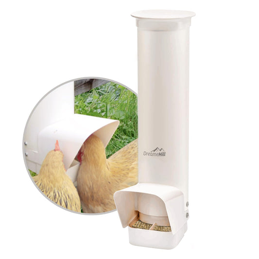 DreameHill Automatic Chicken Feeder, 7lb Capacity Large PVC Poultry Feeder with Rain Cover, No-Waste Design, Easy to Install and Clean, UV-Resistant, Ideal for 4-6 Chickens