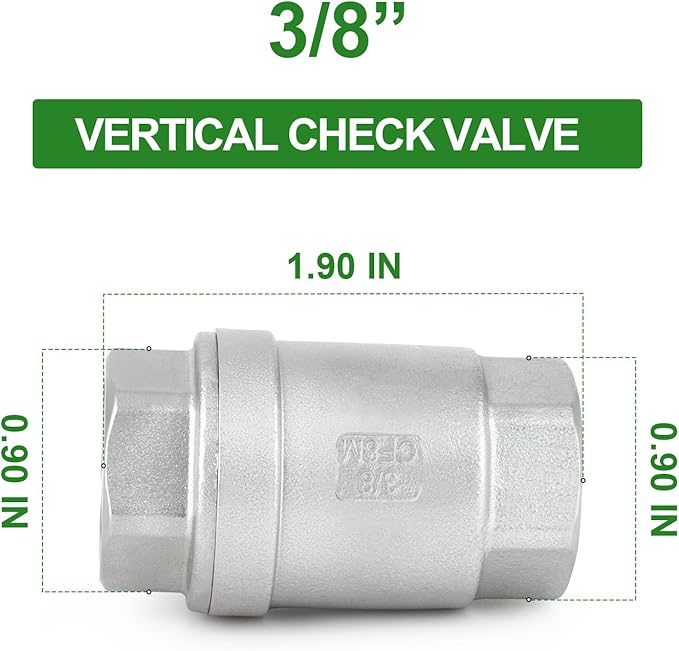 TAISHER 1PCS 304 Stainless Steel 3/8" Female Vertical Check Valve，Backflow Prevention, One Way Spring Check Valves CF8 WOG 1000