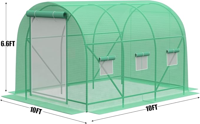 Greenhouse, Portable Greenhouses for Outdoors, Large Walk in Green House for Outside with Ventilated Roll-up Door and Reinforced Frame (Green, 10x10x7 ft w/ Irrigation System)