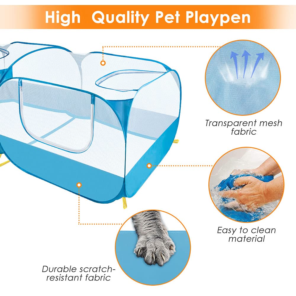 SlowTon Small Animals Playpen, Portable Large Chicken Run Coop with Breathable Transparent Mesh Walls Foldable Pet Cage Tent with 4 Zipper Doors for Puppy Rabbits Outdoor Yard (No Bottom)