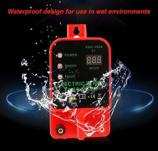 10KM Electric Fence Charger, Portable Electric Fence Energizer, 2J Waterproof Fence Charger for Livestock Cattle Horse, AC/Battery Powered, Alarm Function