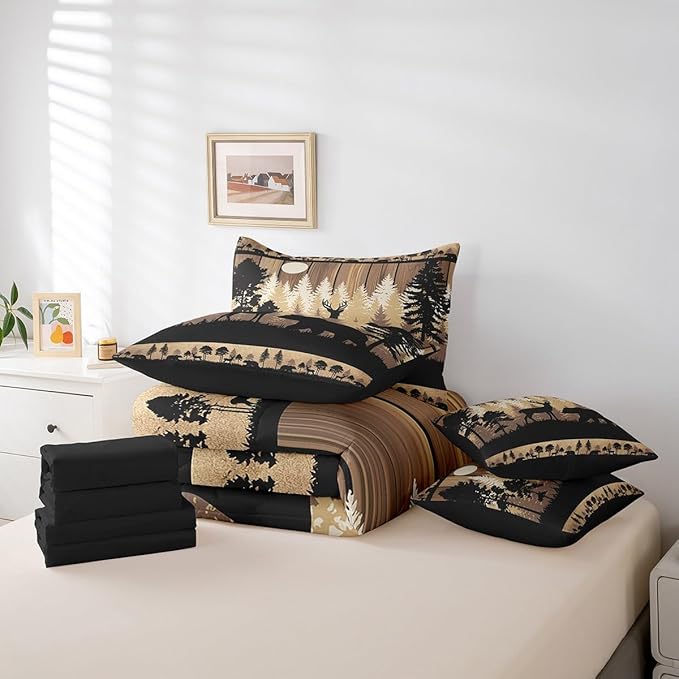 Feelyou Rustic Bear Deer Comforter Set 7 Pieces Wildlife Hunting Theme Bed in a Bag Wild Animal Bedding Set Twin Size Bedroom Decor Wooden Board Bed Set with Comforter, Sheet Set, Pillowcases