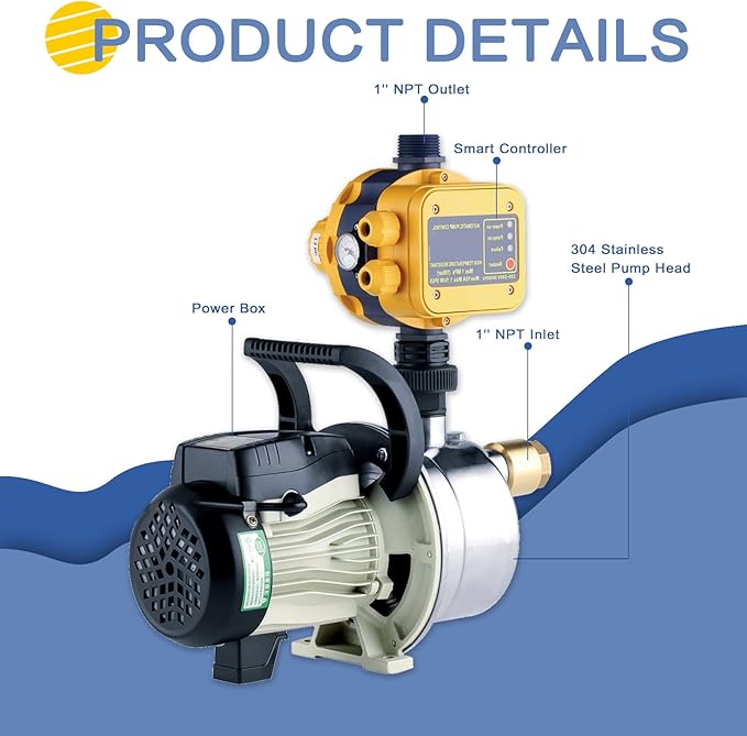 1/2 HP Water Pressure Booster Pump with Smart Controller, 845GPH, 110V, Stainless Steel Well Pump, Automatic Water Transfer Jet Pump for Home, Garden, Lawn, Irrigation