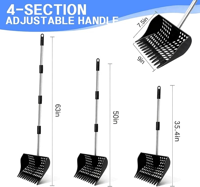 Chicken Poop Scooper & Rake 4-in-1, 9" Sifting Plate with Adjustable Stainless Steel Handle (35.4"-63") - Chicken Coop Scoop for Chicken Coops, Sand & Animal Litter (Single Unit, Black)