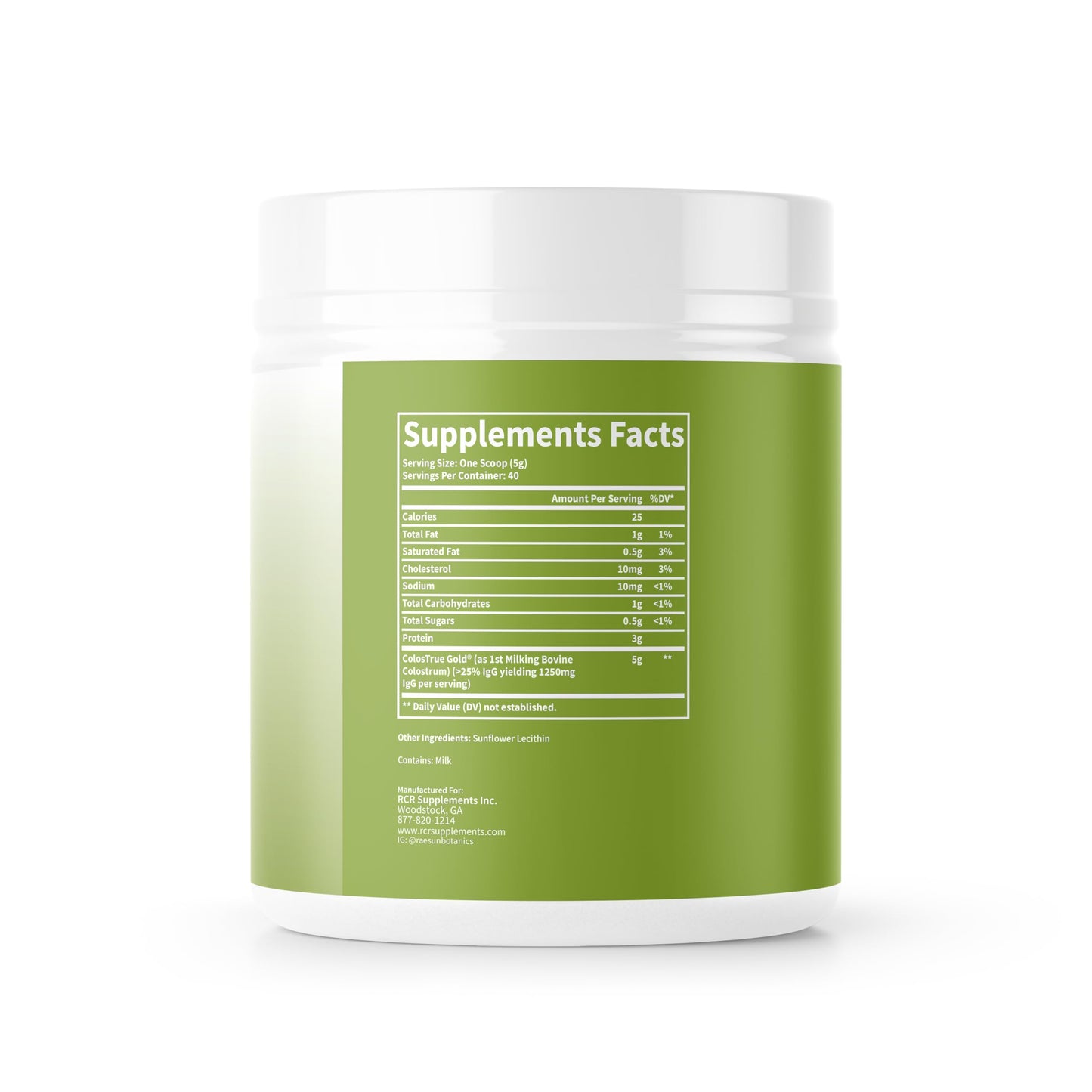 RaeSun Botanics Grass-Fed Bovine Colostrum 5000mg w/Colosture Gold | 1st Milking, 25% IgG, Lactoferrin & IGA | Antibiotic, Soy & Gluten Free | Instantized Formula