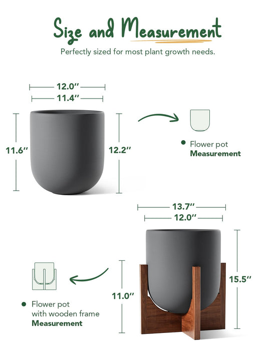 LE TAUCI 12 Inch Planter with Acacia Wood Stand, Ceramic Large Plant Pot for Indoor Plants, Cylinder Pots with Drainage Hole and Plug, Charcoal Gray
