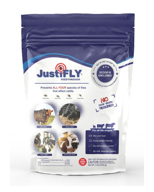 JustiFLY Feedthrough Cattle Fly Control, 12 lb | Non-Toxic Larvicide. Controls All Four Fly Species That Affect Cattle. Over 50 Million Head Treated (12lb, New)