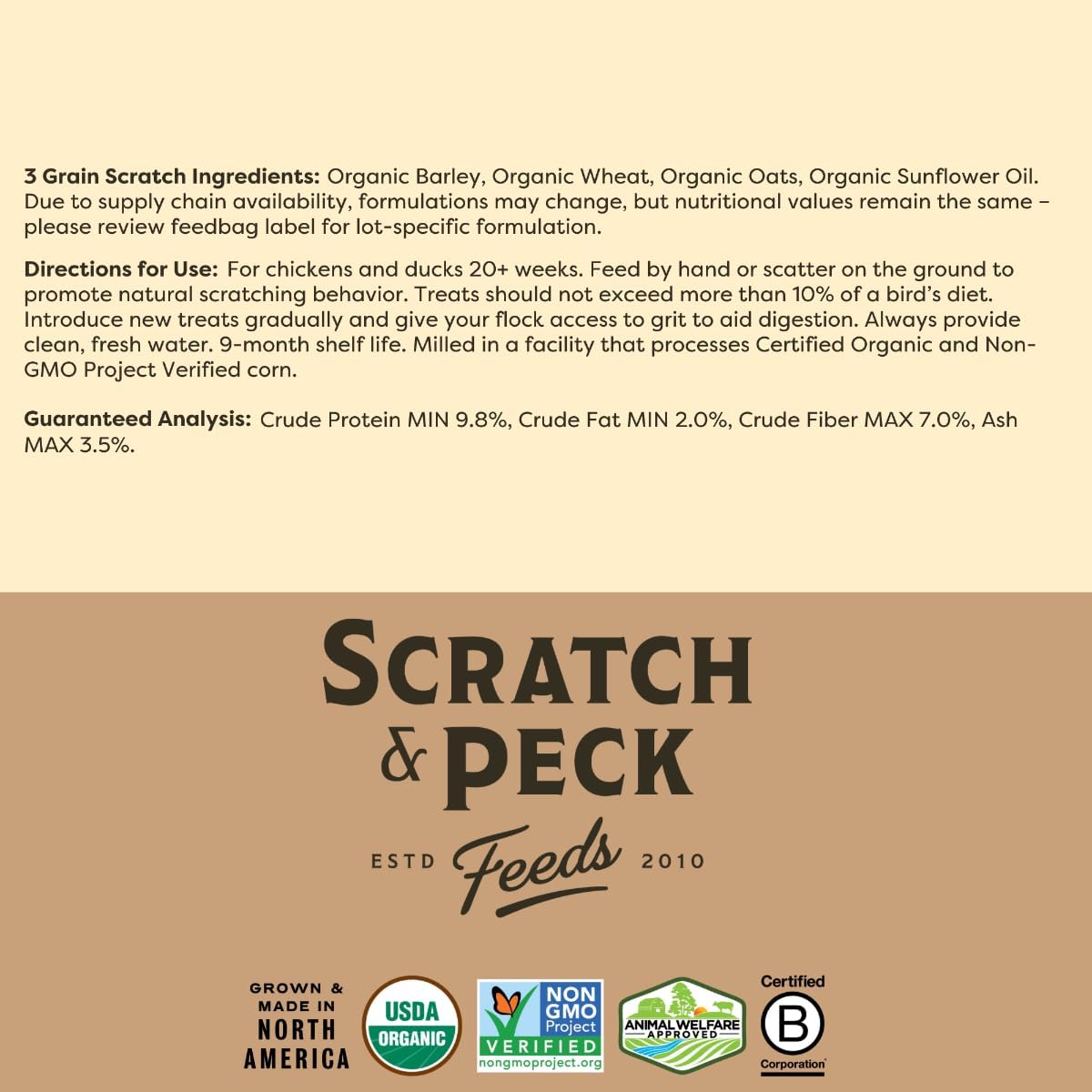 Scratch and Peck 3 Grain Scratch Chicken and Duck Supplemental Grain - 10 lbs Bag - Corn-Free and Soy-Free - 9.8% Protein, Certified Organic and Non-GMO Project Verified Chicken Food