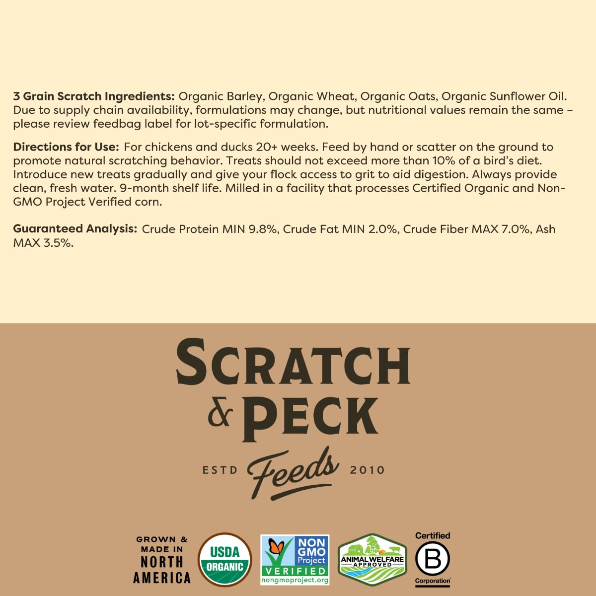 Scratch and Peck 3 Grain Scratch Chicken and Duck Supplemental Grain - 10 lbs Bag - Corn-Free and Soy-Free - 9.8% Protein, Certified Organic and Non-GMO Project Verified Chicken Food