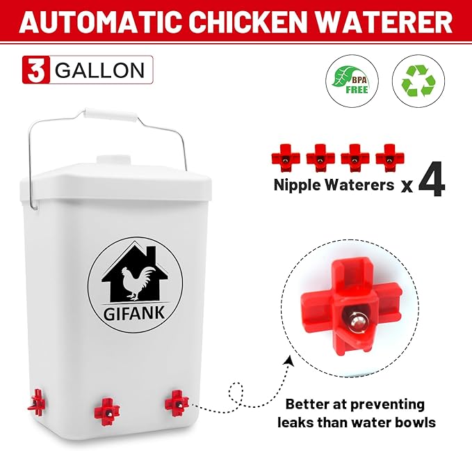 Chicken Feeder and Waterer Set,3 Gallon Automatic Chicken Feeder No Waste,Hanging Poultry Waterer Feeder Kit with Chicken Waterer Nipples and Feeding Ports,Chicken Coop Accessories