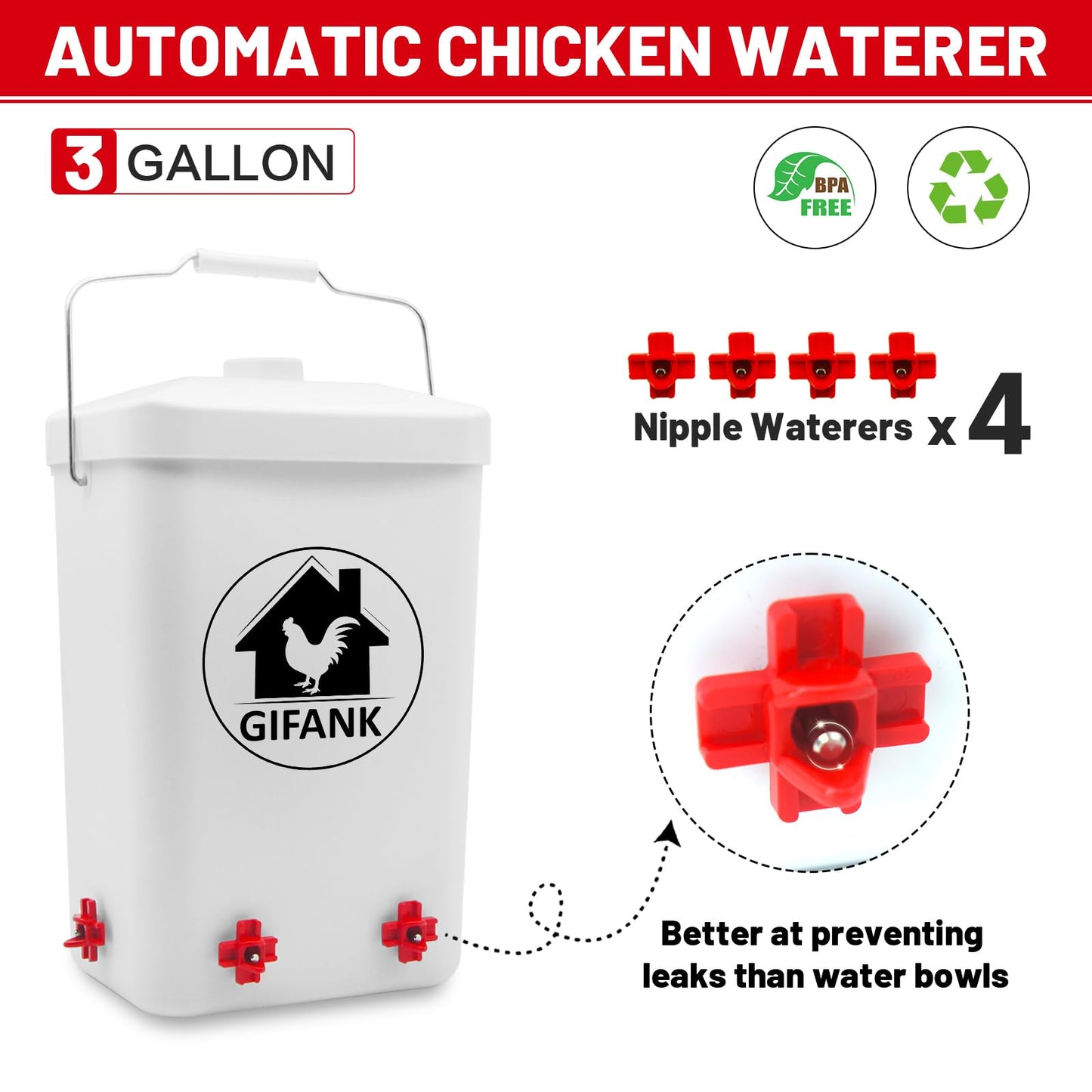 GIFANK Chicken Feeder and Waterer Set,3 Gallon Automatic Chicken Feeder No Waste,Hanging Poultry Waterer Feeder Kit with Chicken Waterer Nipples and Feeding Ports,Chicken Coop Accessories