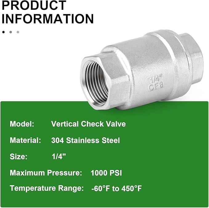 TAISHER 1PCS 304 Stainless Steel 1/4" Female Vertical Check Valve，Backflow Prevention, One Way Spring Check Valves CF8 WOG 1000