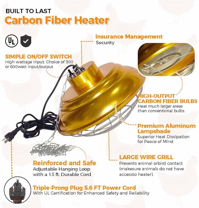 600 Watt Large Range Chicken Coop Heater - Professional Heat Lamp for Chicken, Poultry and Livestock