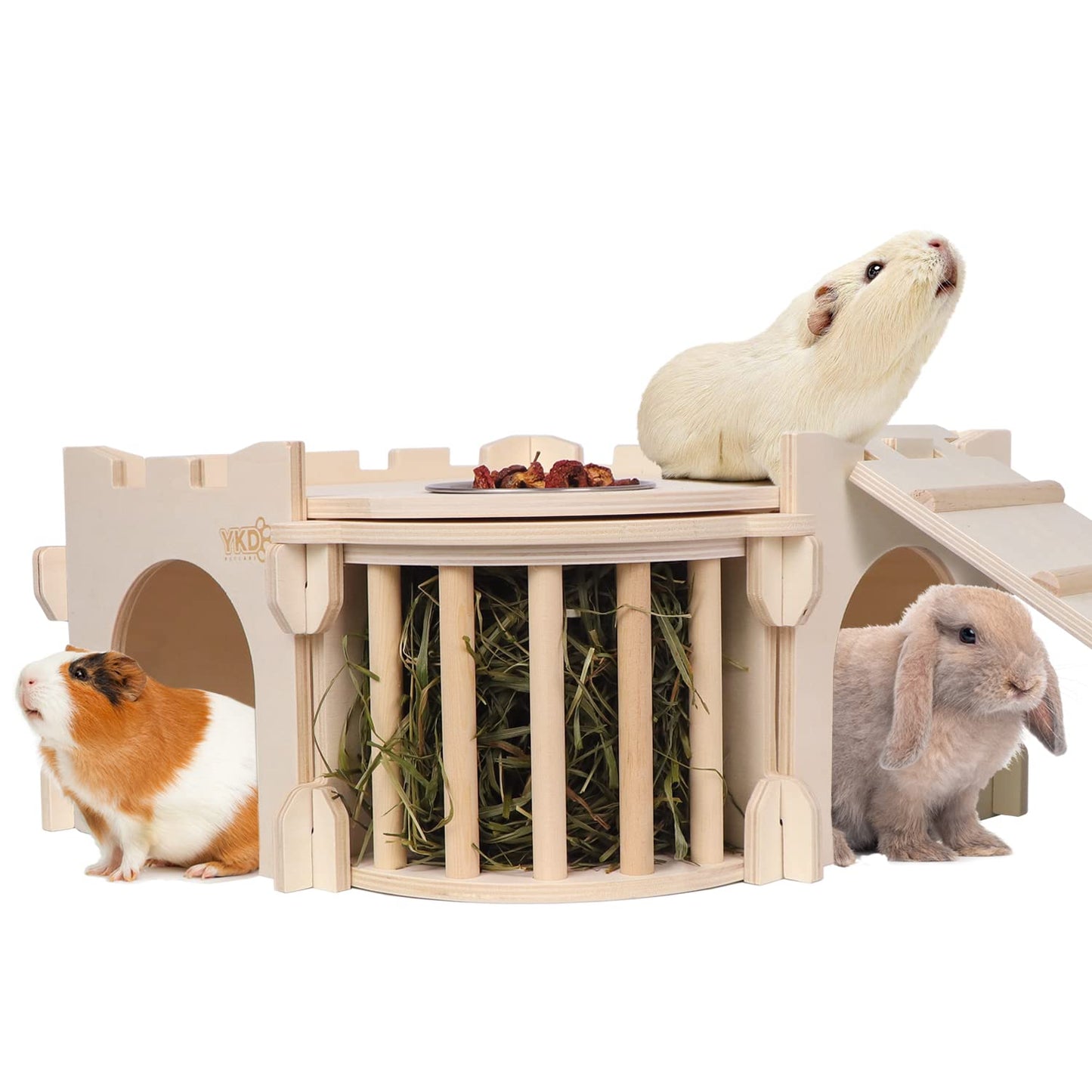 Large Guinea Pig Castle, Natural Wood Rabbit House with Ladder and Hay Feeder, Small Animal Hideout for Rabbit Guinea Pig Hedgehog Chinchilla