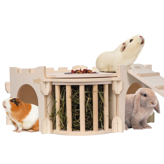 Large Guinea Pig Castle, Natural Wood Rabbit House with Ladder and Hay Feeder, Small Animal Hideout for Rabbit Guinea Pig Hedgehog Chinchilla