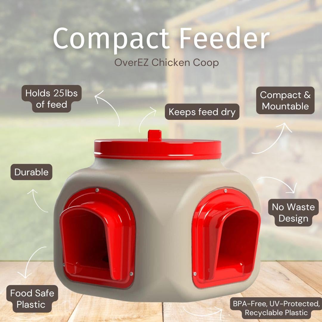 OverEZ Compact Chicken Feeder - Holds 25 Pounds of Feed - Inside or Outside Hen Coop - Large Gravity Fed Automatic Poultry Food Dispenser - No Waste Rainproof Design