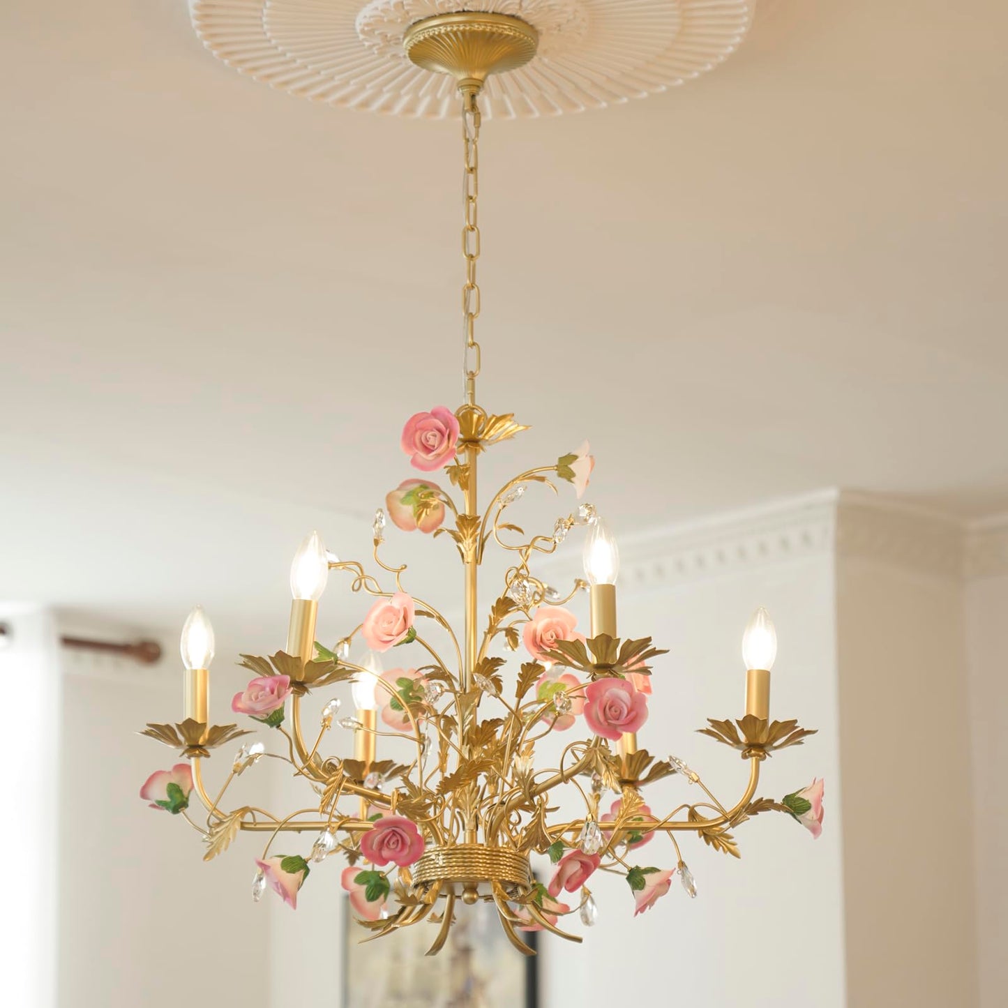 Farmhouse Dining Room Over Table Chandelier, Hanging Light Fixture Pink Bedroom, Art Deco Unique Rustic Tree Lamps Leaves Lighting Fixtures, Foyer Living Room Kitchen Ceiling Crystal Pendant Lights