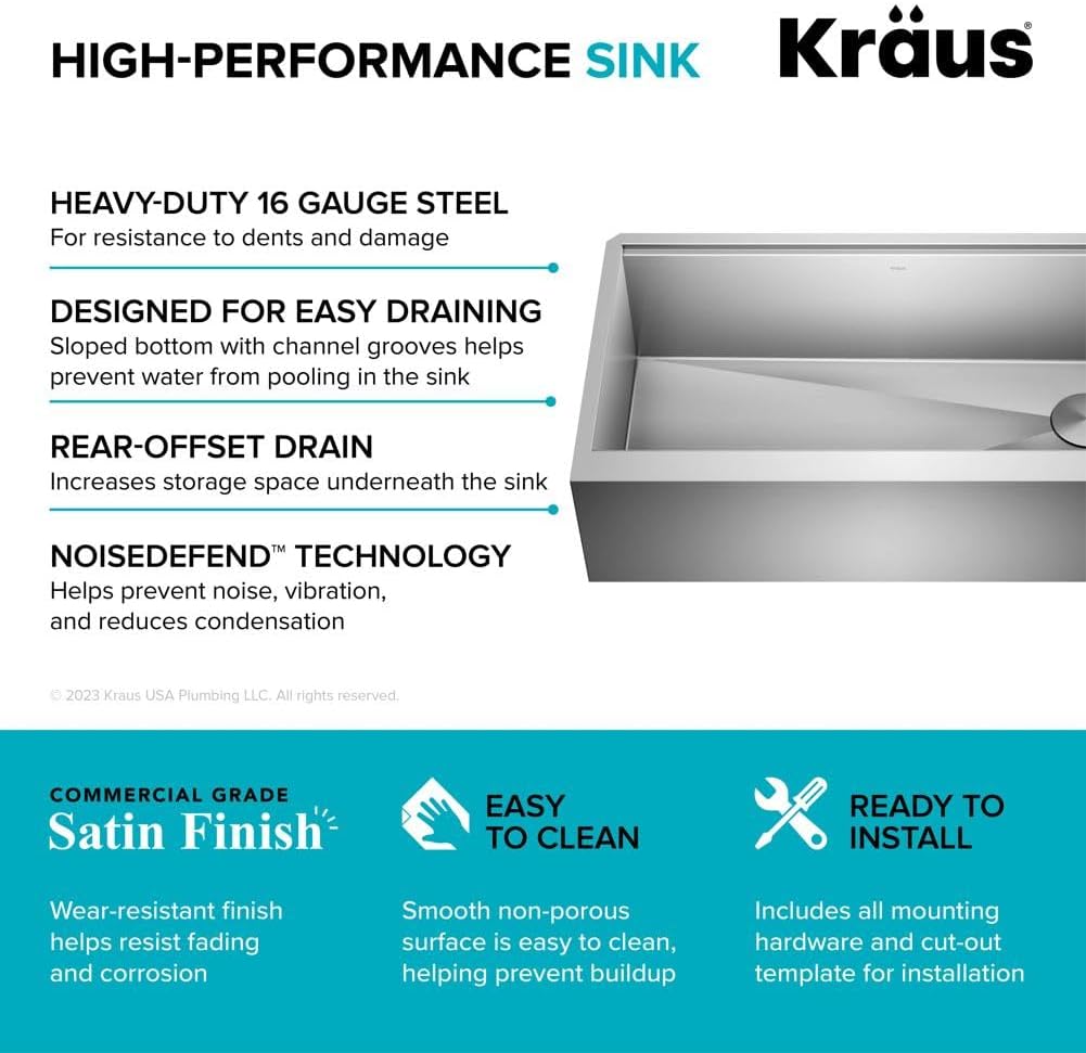 KRAUS Kore 36-Inch Modern Farmhouse Workstation 16 Gauge Single Bowl Stainless Steel Kitchen Sink with Accessories, KWF410-36