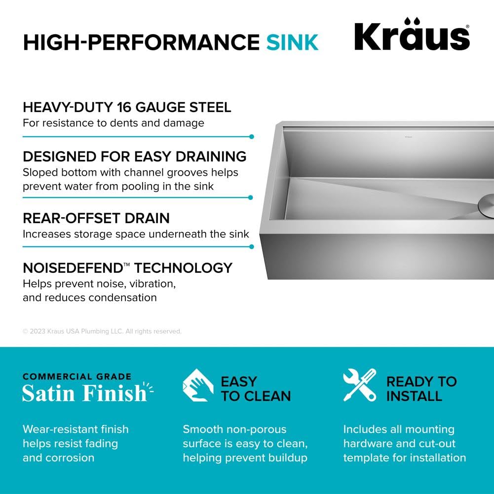 KRAUS Kore 36-Inch Modern Farmhouse Workstation 16 Gauge Single Bowl Stainless Steel Kitchen Sink with Accessories, KWF410-36