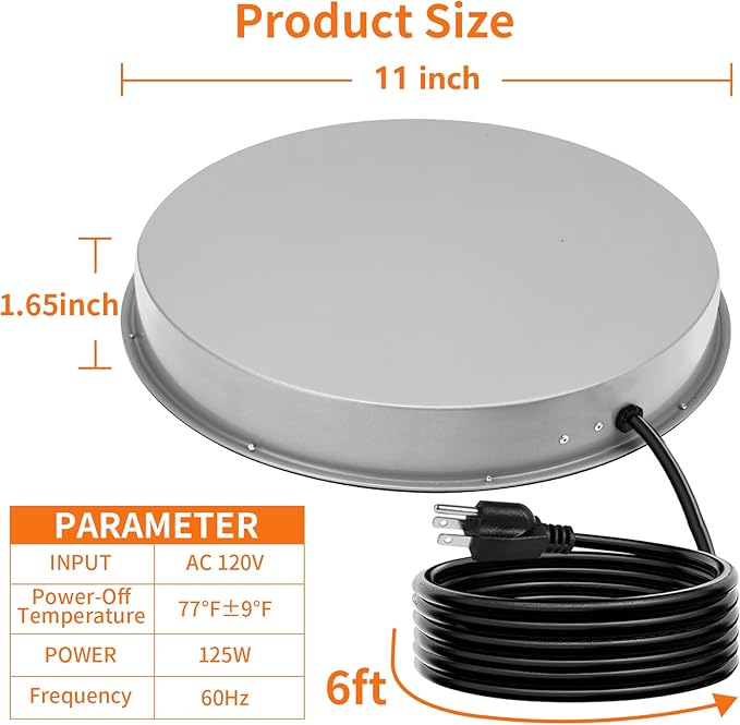 Chicken Water Heater for Winter: 11 Inch Chicken Water Heater Base, 77℉ Automatic Shut-Off, Safe for Outdoor Use, 125W Heated Chicken Waterer, Poultry Water Deicer with 6 Feet Cord