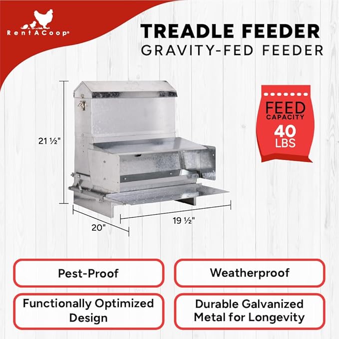 RentACoop Automatic Metal Treadle Feeder - Outdoor Use, Rainproof - Suitable for Chickens, Bantams, Poultry, Pheasants, etc. - 40lb Capacity