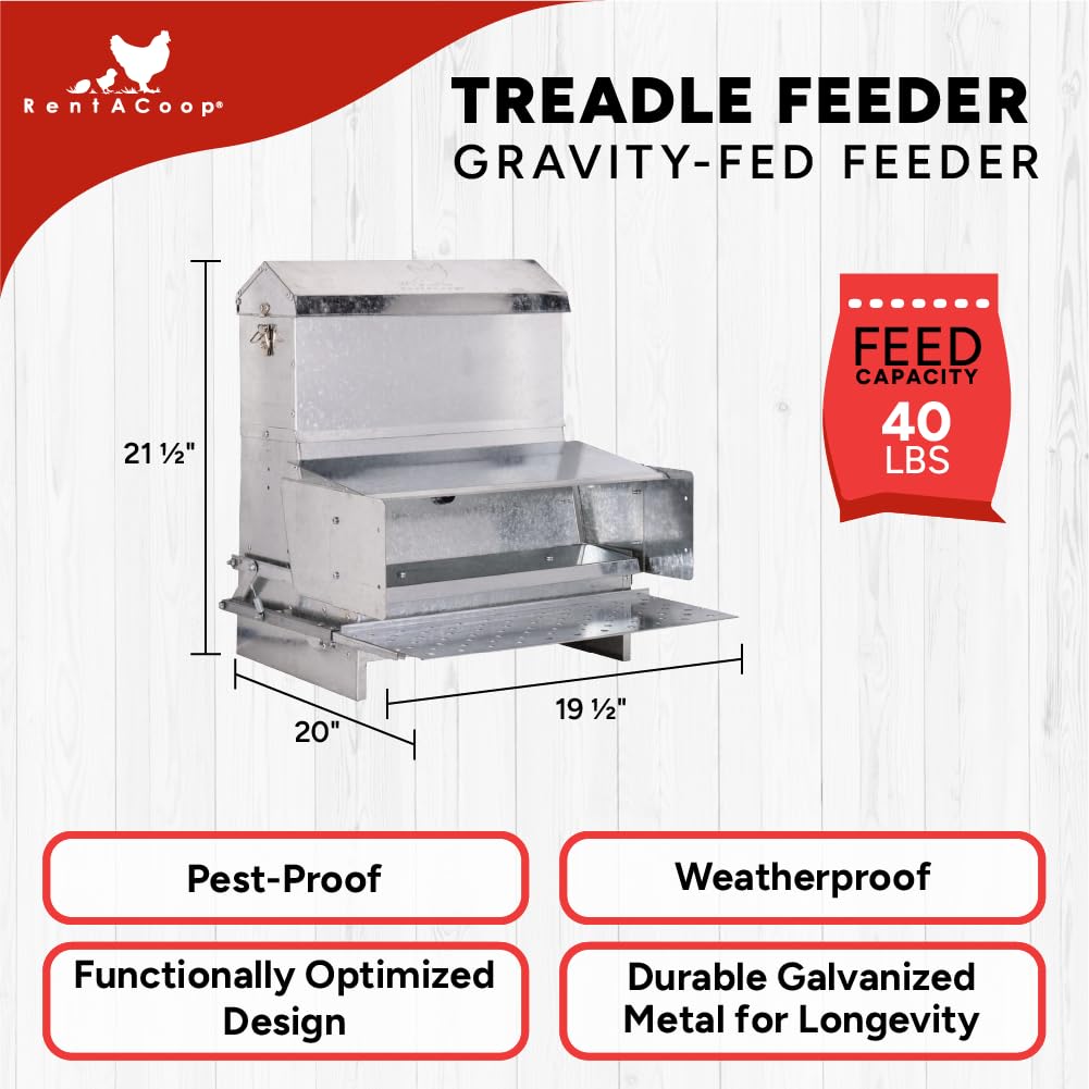 RentACoop Automatic Metal Treadle Feeder - Outdoor Use, Rainproof - Suitable for Chickens, Bantams, Poultry, Pheasants, etc. - 40lb Capacity
