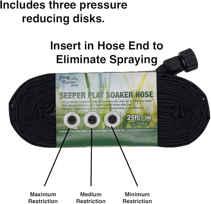 Rocky Mountain Goods 25 Foot Flat Weeper Soaker Hose - Drip Irrigation - Double Layer Design - Saves 70% Water - Consistent Drip Entire Length of Hose - Includes 3 Pressure Reducing Discs