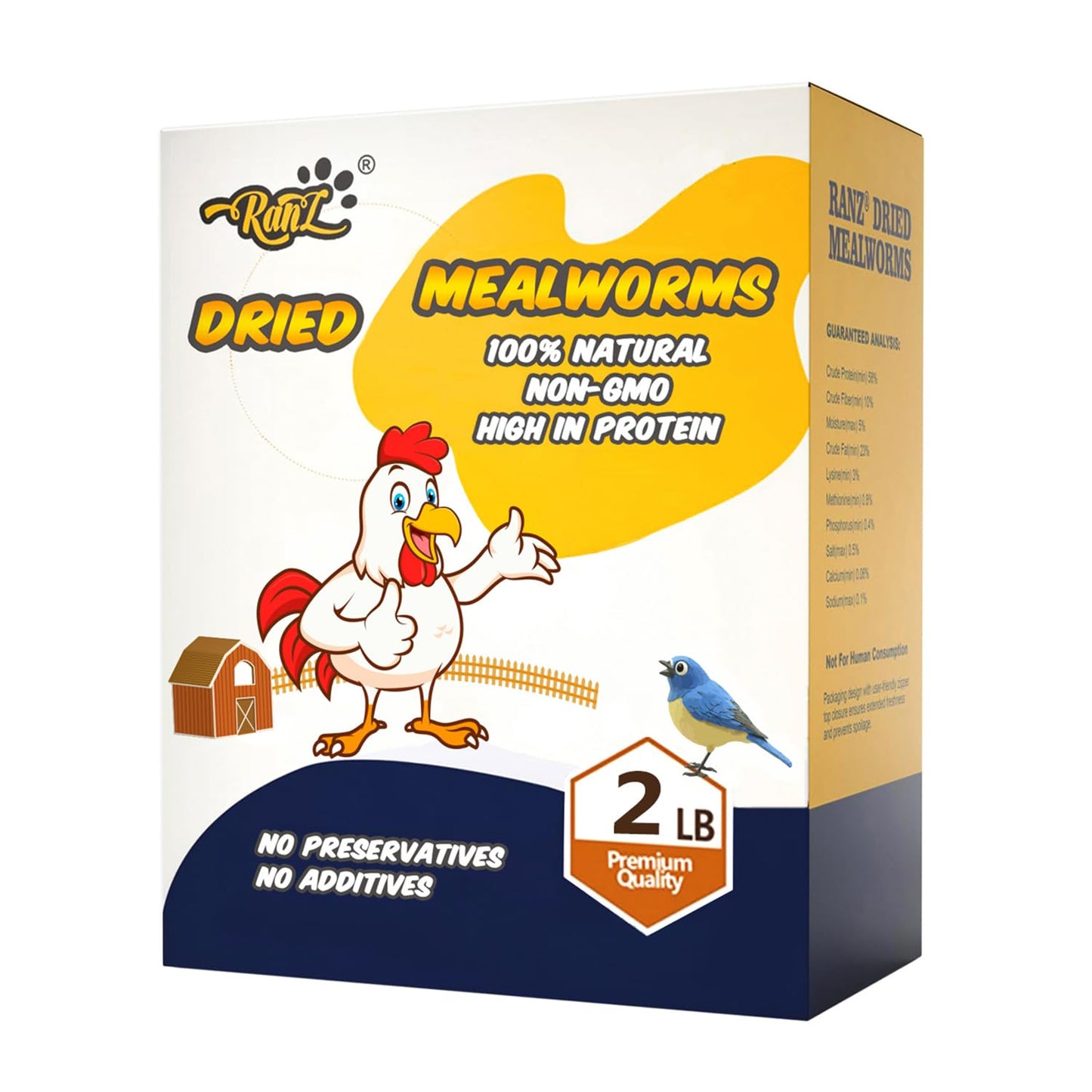 RANZ 2LBS Non-GMO Dried Mealworms for Chickens, High Protein Meal Worms, Premium Chicken Feed, Whole Large Mealworms for Blue Birds, Ducks, Fish