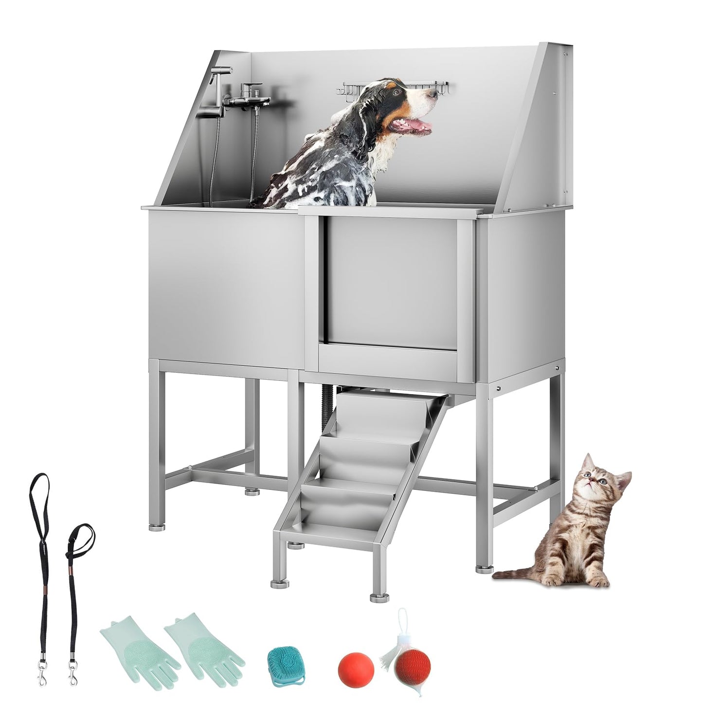 50" Stainless Steel Dog Grooming Tub, Large Dog Bathing Station with Non-Slip Retractable Ramp & Right Door, Heavy Duty Pet Washing Sink w/Non-Slip Floor Grate, Bath Brush, Washing Gloves