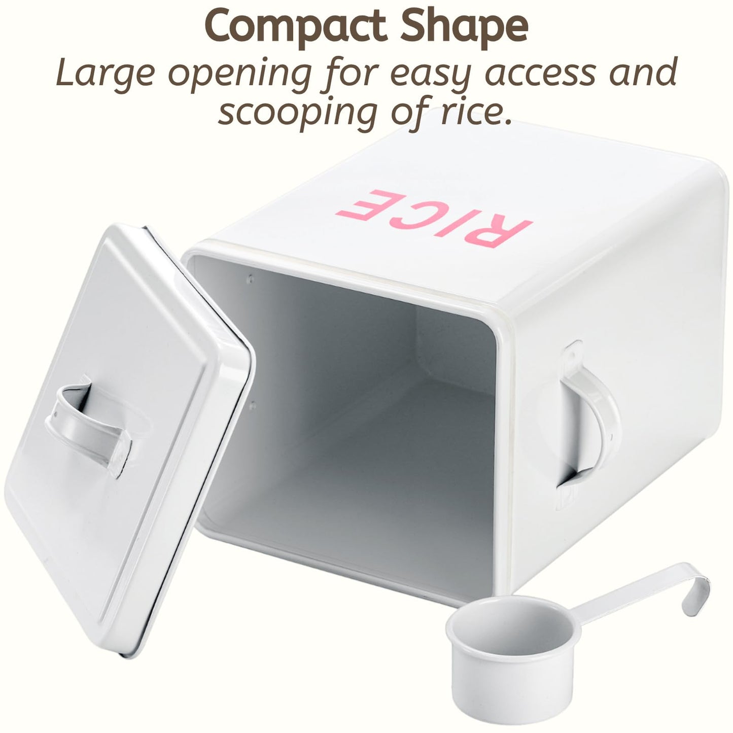 Youeon 10 Lbs Metal Rice Storage Container, Square Rice Canister with Lid and Measuring Scoop, Countertop Sealed Food Storage Container for Cereal, Beans, Pet Food, White