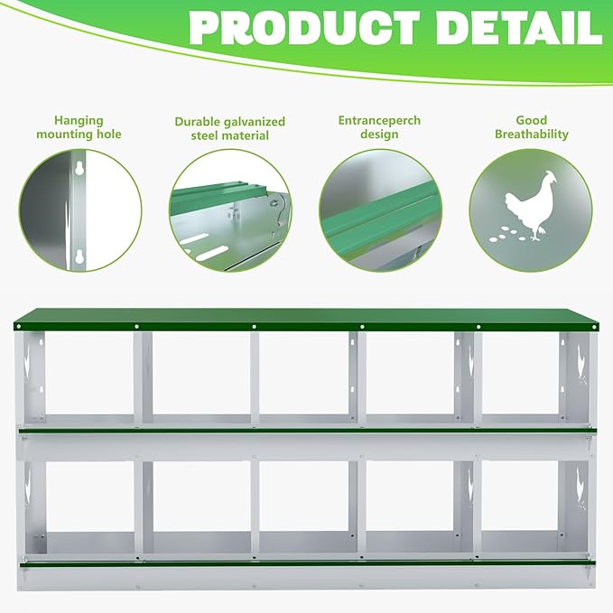 Chicken Nesting Boxes, 10 Hole Nesting Box for Laying Eggs, Heavy Duty Metal Nest Boxes for Chicken and Poultry to Collect Eggs, Chicken Laying Boxes Hens Chicken Coop Box