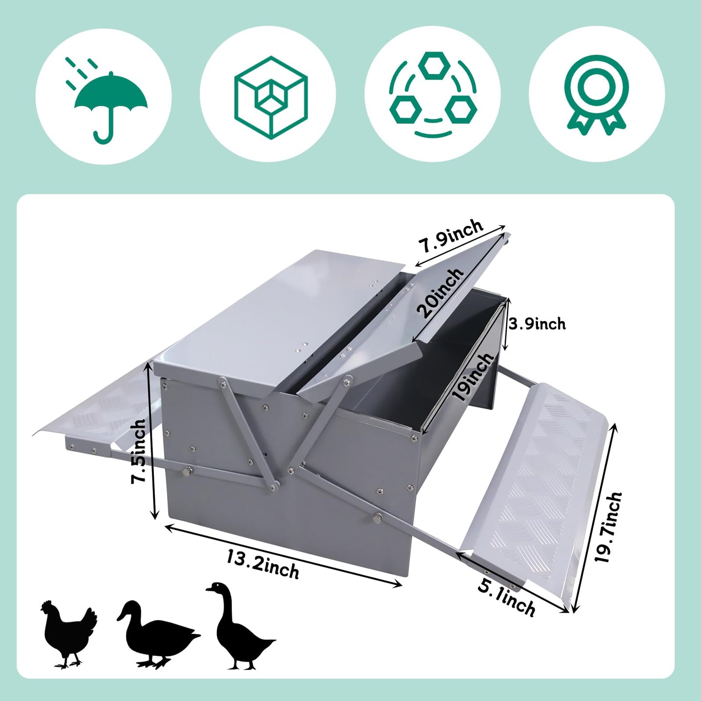 Automatic Chicken Feeder No Waste Rat Proof Treadle 22lb Metal Poultry Feeding Trough with Weatherproof Lid for Pheasants Hens Roosters Duck Fowl Outdoor Coop