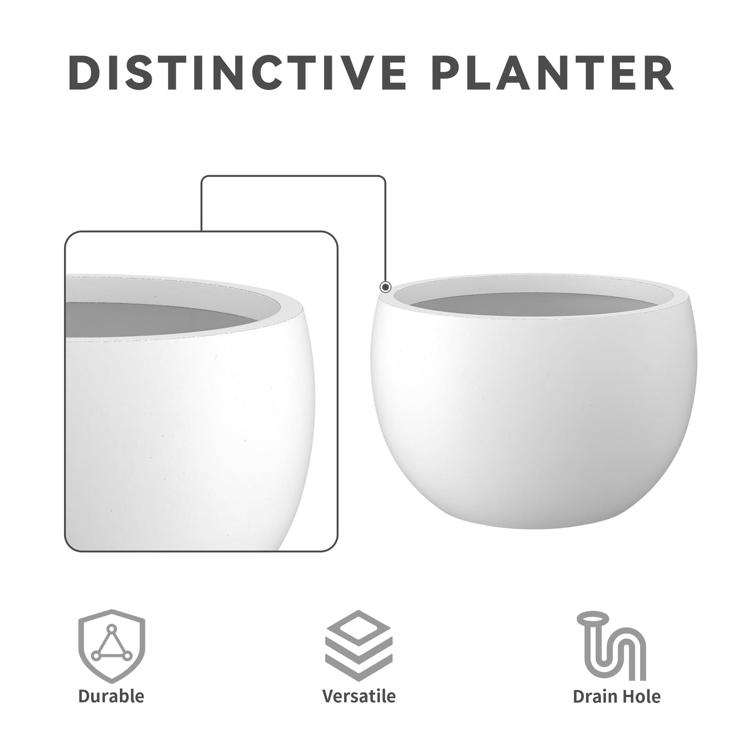 Kante 19.9",15.7",11.8" Dia Round Concrete Planter Set of 3, Outdoor/Indoor Large Bowl Plant Pots with Drainage Hole and Rubber Plug for Garden Patio Balcony Home, Pure White