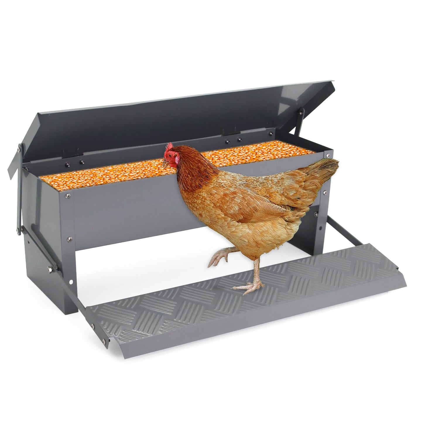Lucky Farm Automatic Chicken Feeder Metal Treadle Trough 15lb Outdoor Rainproof for Chickens, Bantams, Poultry, Pheasants