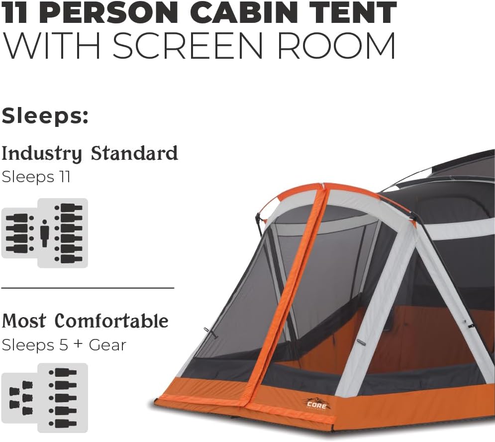 CORE 11 Person Cabin Tent with Screen Room | Large Multi Room Family Tent with Carry Bag for Outdoor Car Camping | Included Storage Pockets for Camping Accessories