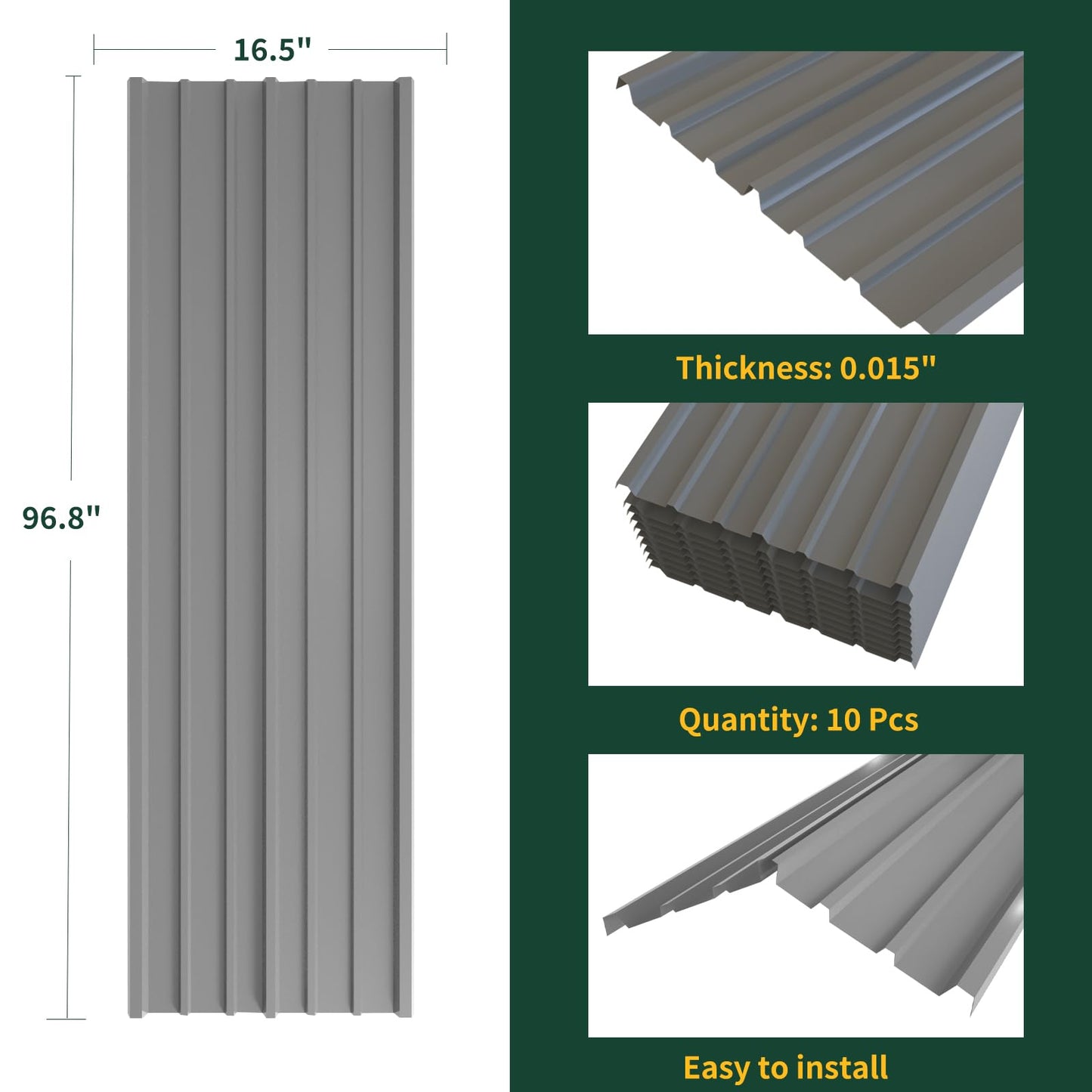 NeatiEase 10 Pcs Metal Roofing Panels, 8.1 Feet Corrugated Galvanized Roofing Panels Metal Siding Panels with Steel Screws for Pergola, Gazebo, Shed, Outdoor Storage, Chicken Coop, Patio,Garages