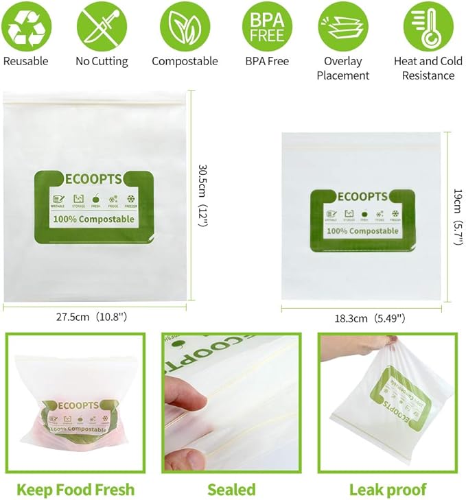 100% Compostable Sandwich Zip Bag | ECO-Friendly Food Storage Bags | Freezer Bag | Plant-Based BPA-free | Seal well for Fruit,Food and Snack (1, Medium)
