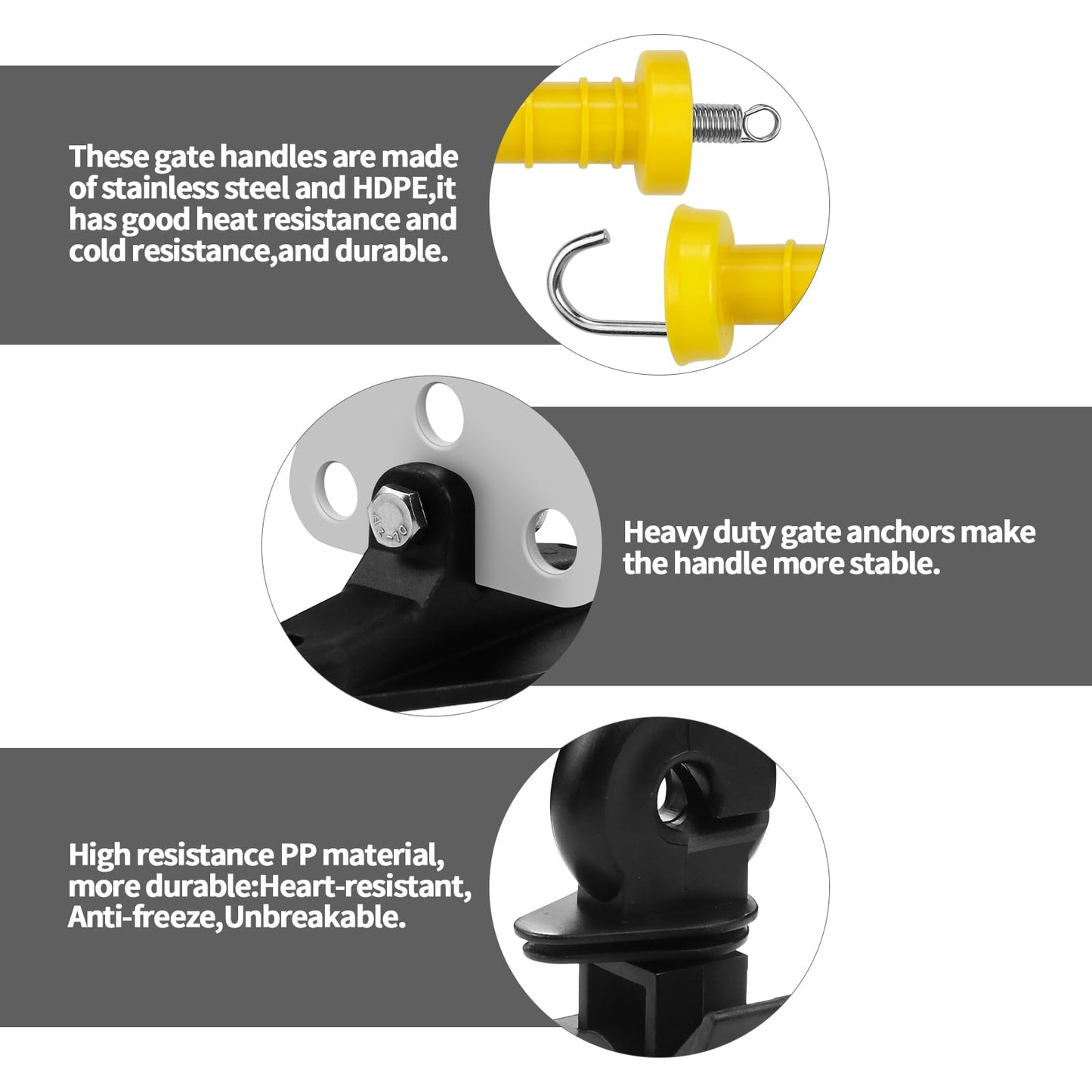 2 Set Electric Fence Gate Handle Set with Anchor and Insulator, Consisting of 2 Plastic Electric Fence Gate Handle, 4 Anchor Sets, 4 Electric Fence Insulators and 8 Screws