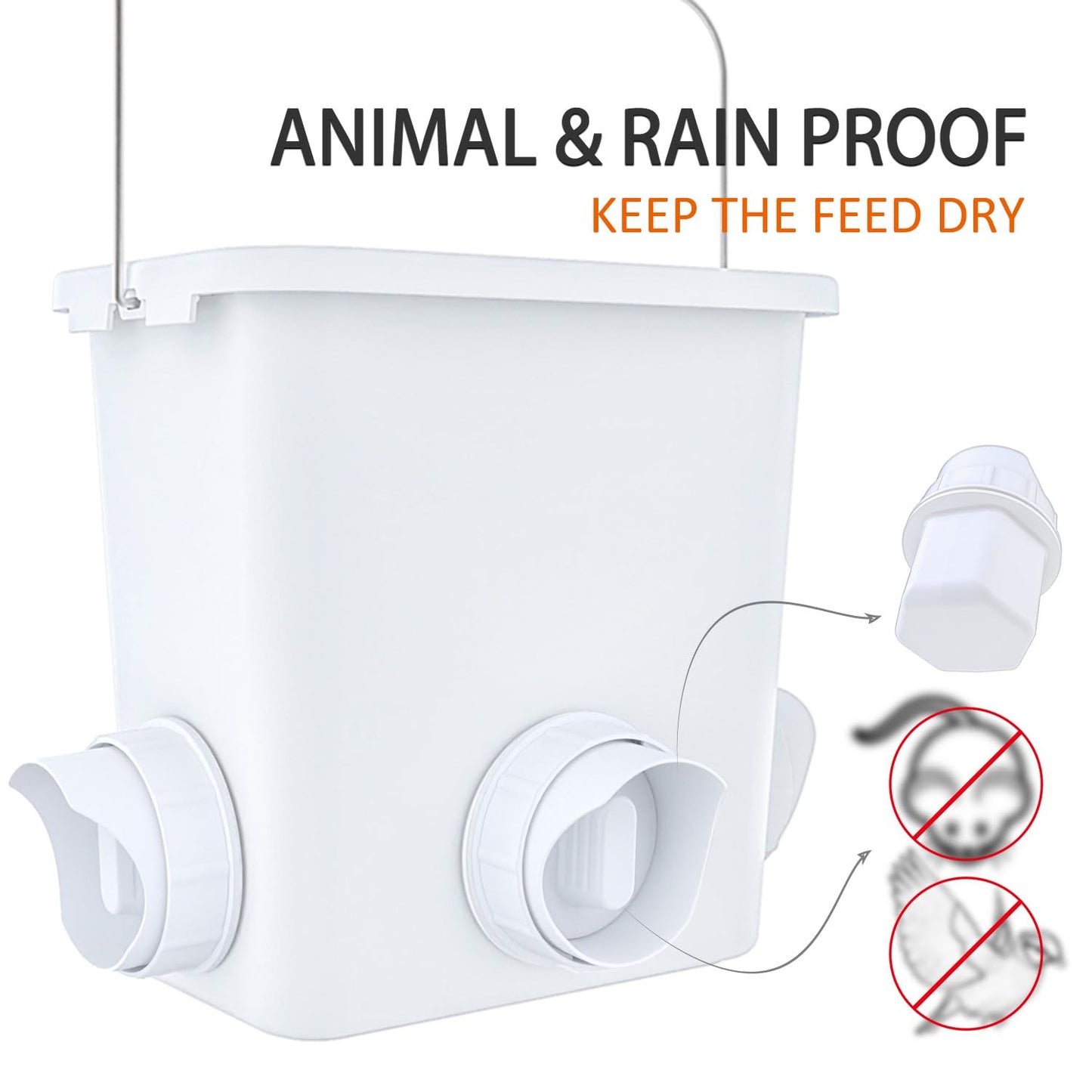 Automatic Chicken Feeder 20lb Chicken Feed Container Bucket with 3 Rainproof Feeder Ports Hanging Poultry Feeder for Chick Duck Hen Chicken Coop Accessories Kit