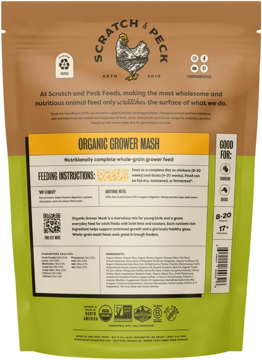 Scratch and Peck Whole Grain Grower Mash Chicken and Duck Feed - 10 lbs Bag - Corn-Free and Soy-Free - 17% Protein, Certified Organic and Non-GMO Project Verified Chicken Food