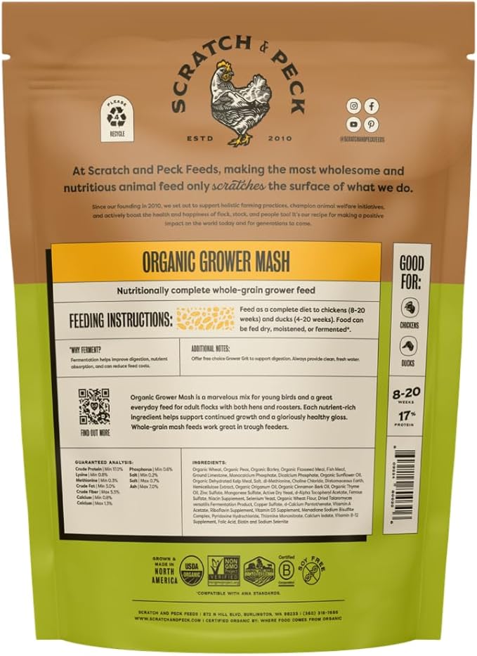 Scratch and Peck Whole Grain Grower Mash Chicken and Duck Feed - 10 lbs Bag - Corn-Free and Soy-Free - 17% Protein, Certified Organic and Non-GMO Project Verified Chicken Food