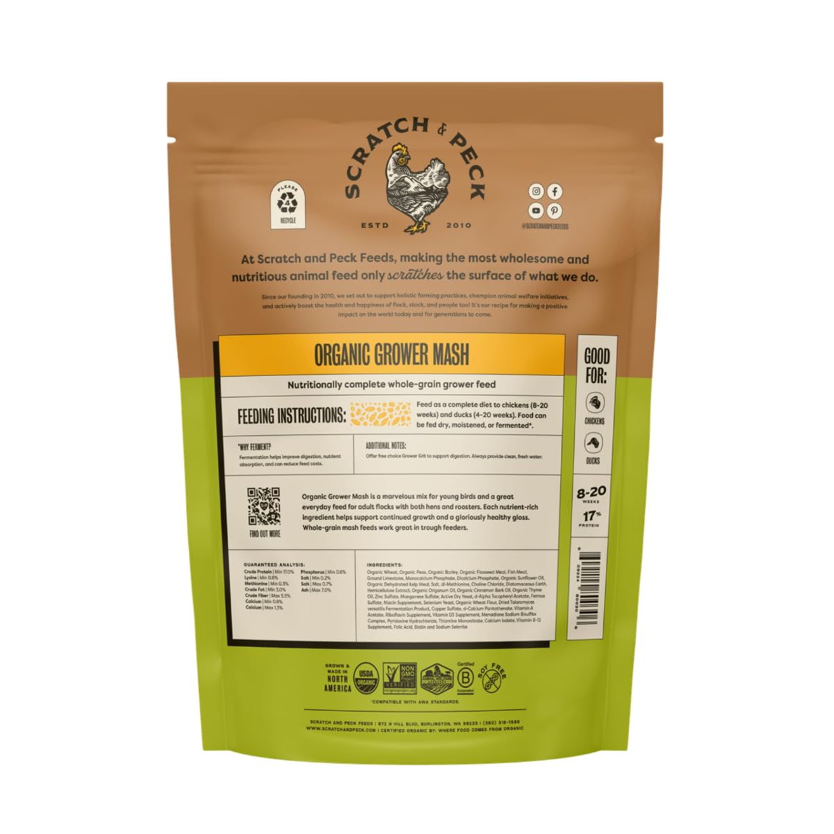 Scratch and Peck Whole Grain Grower Mash Chicken and Duck Feed - 10 lbs Bag - Corn-Free and Soy-Free - 17% Protein, Certified Organic and Non-GMO Project Verified Chicken Food