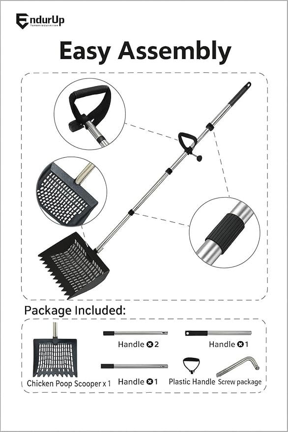 Chicken Poop Scoop & Coop Rake with Gloves – Back-Saving Sand Sifter Shovel, Adjustable Metal Litter Pooper Scooper Long Handle for Chicken Coop Cleaning and Pet Waste