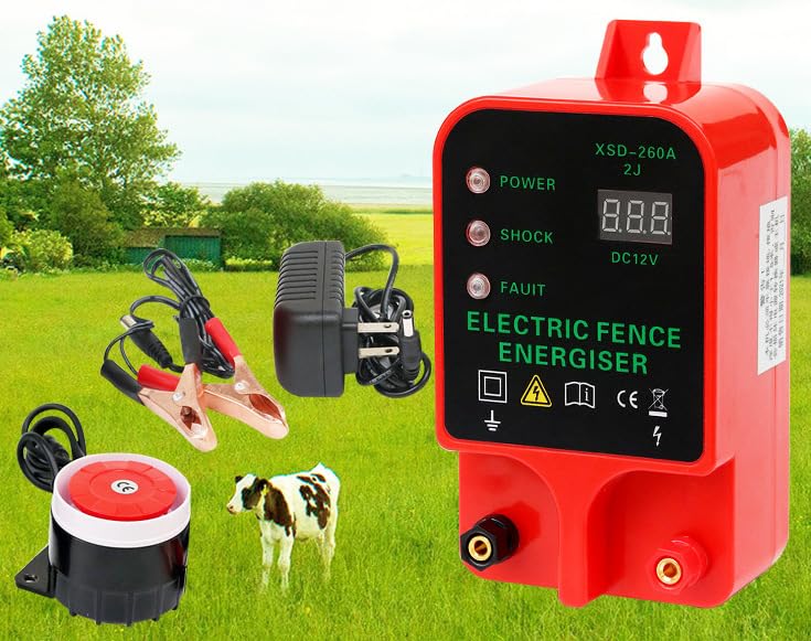 10KM Electric Fence Charger, Portable Electric Fence Energizer, 2J Waterproof Fence Charger for Livestock Cattle Horse, AC/Battery Powered, Alarm Function