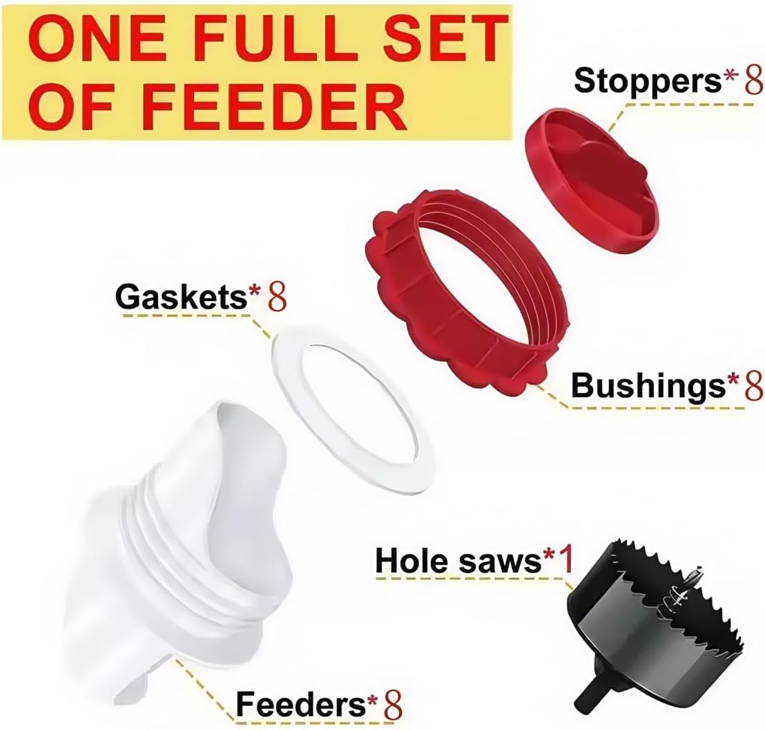 DIY Chicken No Waste Automatic Poultry Chicken Feeder Port 8 Ports 1 Hole Saw with Covers Gravity Feed Kit,Rain Proof Chicken Feeder/Plastic Poultry Feeder Kit for Buckets Barrels Bins Troughs