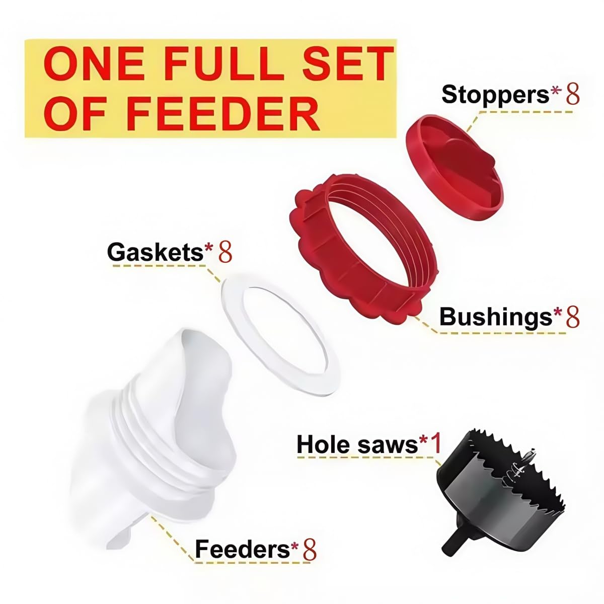 DIY Chicken No Waste Automatic Poultry Chicken Feeder Port 8 Ports 1 Hole Saw with Covers Gravity Feed Kit,Rain Proof Chicken Feeder/Plastic Poultry Feeder Kit for Buckets Barrels Bins Troughs